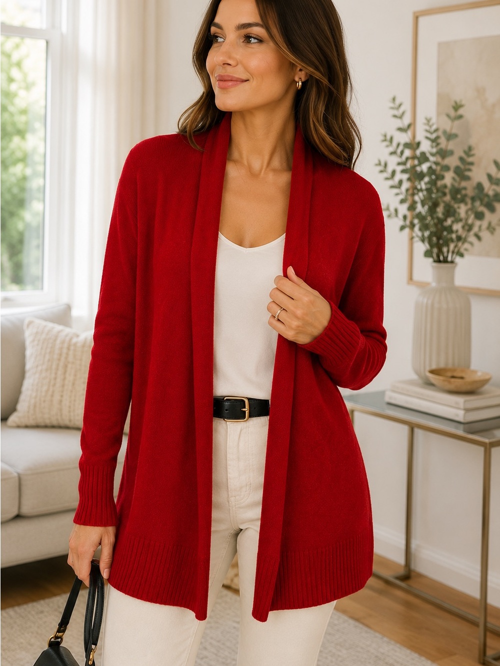 Tahari 100% 2-Ply Cashmere Open Front Shawl Collar Cardigan Red Size S